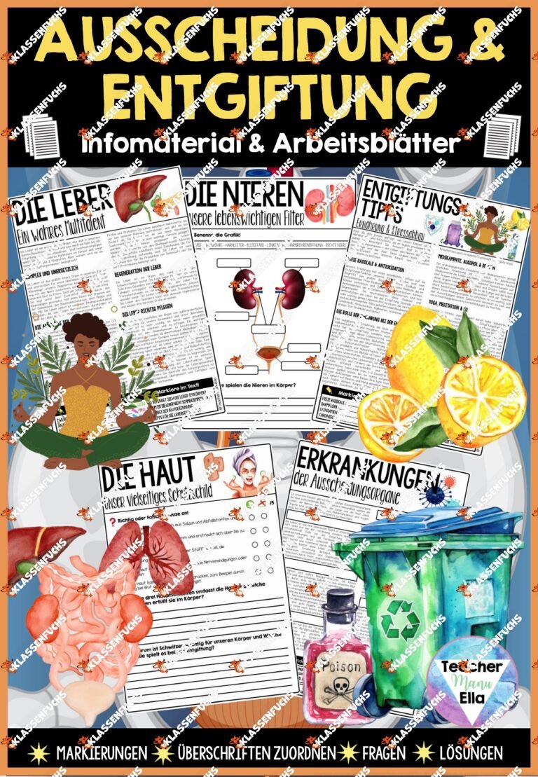 Ausscheidung & Entgiftung – Infomaterial & Arbeitsblätter | Leber – Nieren – Haut – Entgiftungstipps – Erkrankungen